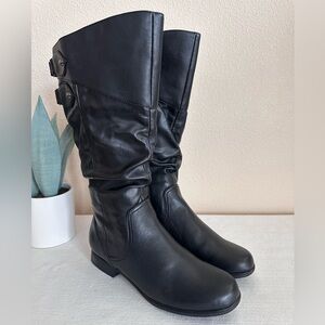New Hush Puppies Black Faux Leather Ruched Knee Height Boots Women’s 9